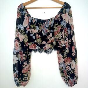 Lulus Dark Floral Corset Balloon Sleeve Lace Crop Top Y2K Couquette Girl Size XS